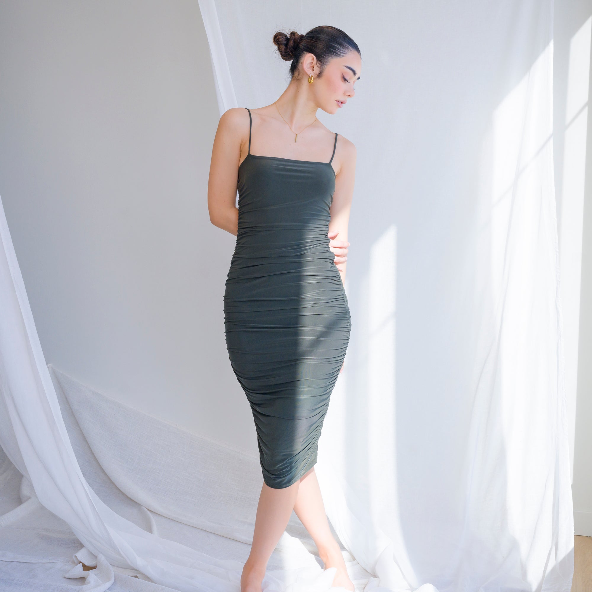 Silky-Luxe Ruched Midi Dress in Performance Fabric