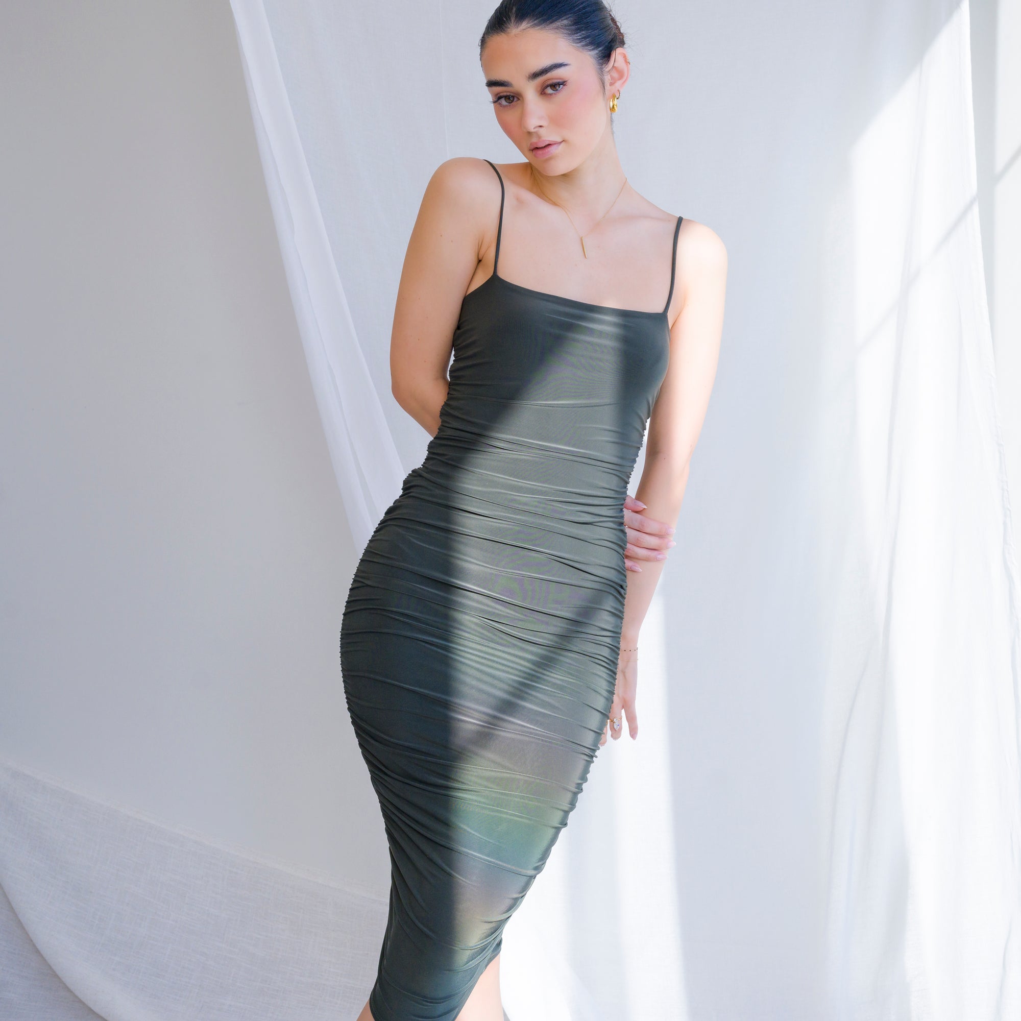 Silky-Luxe Ruched Midi Dress in Performance Fabric