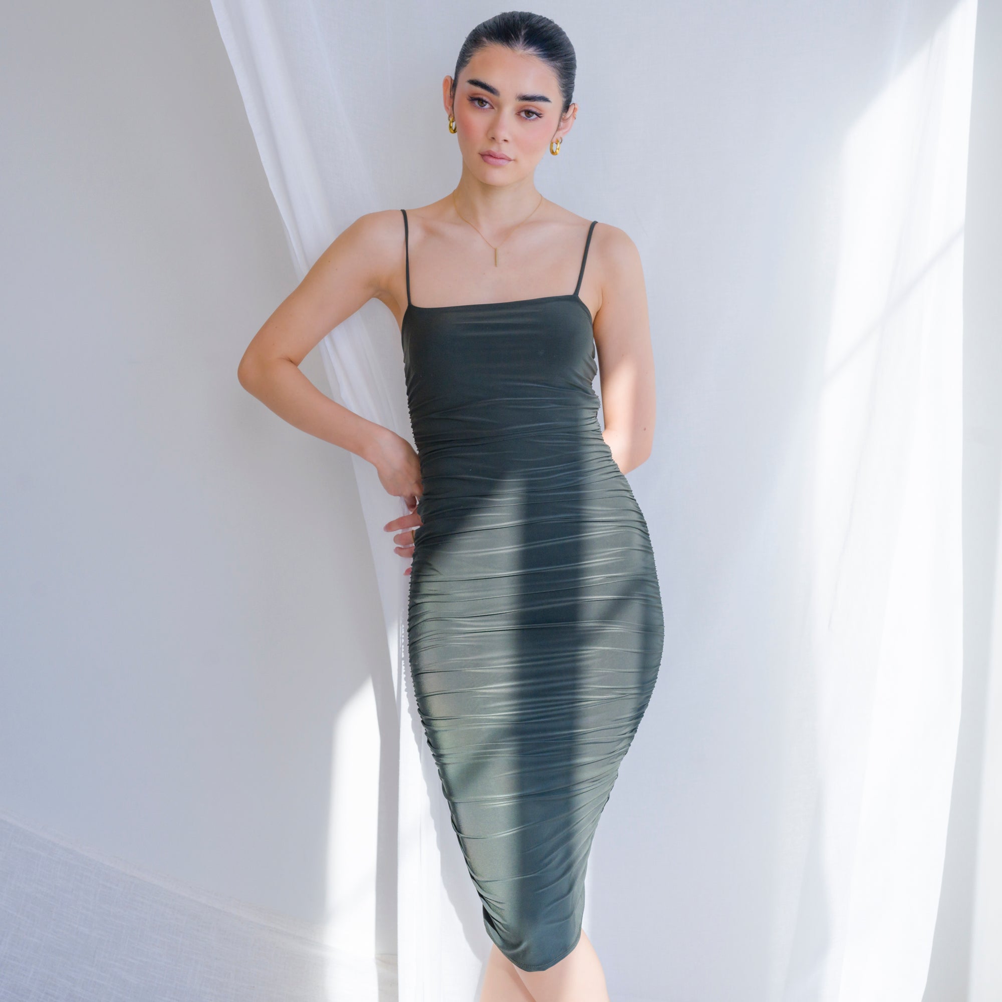 Silky-Luxe Ruched Midi Dress in Performance Fabric