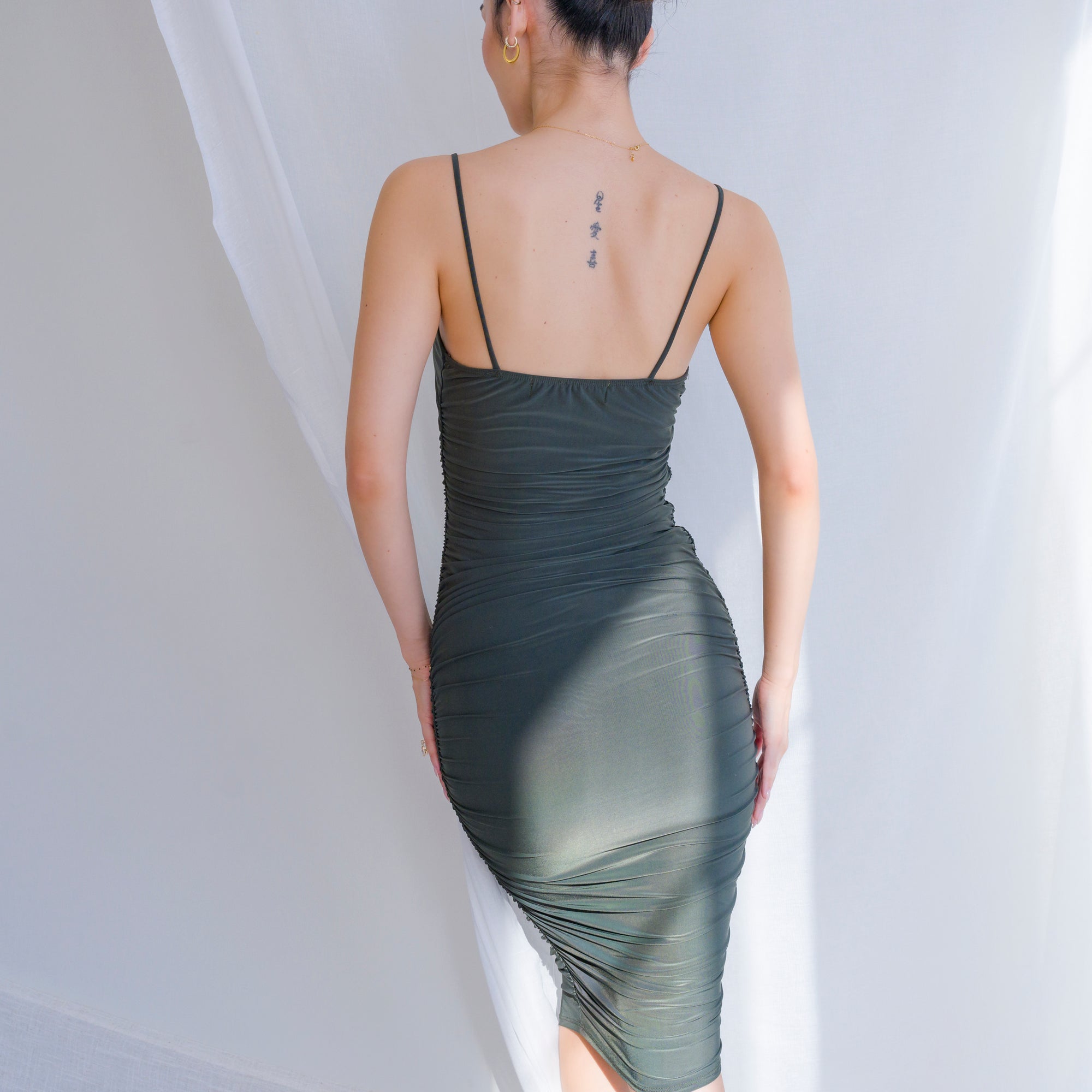 Silky-Luxe Ruched Midi Dress in Performance Fabric