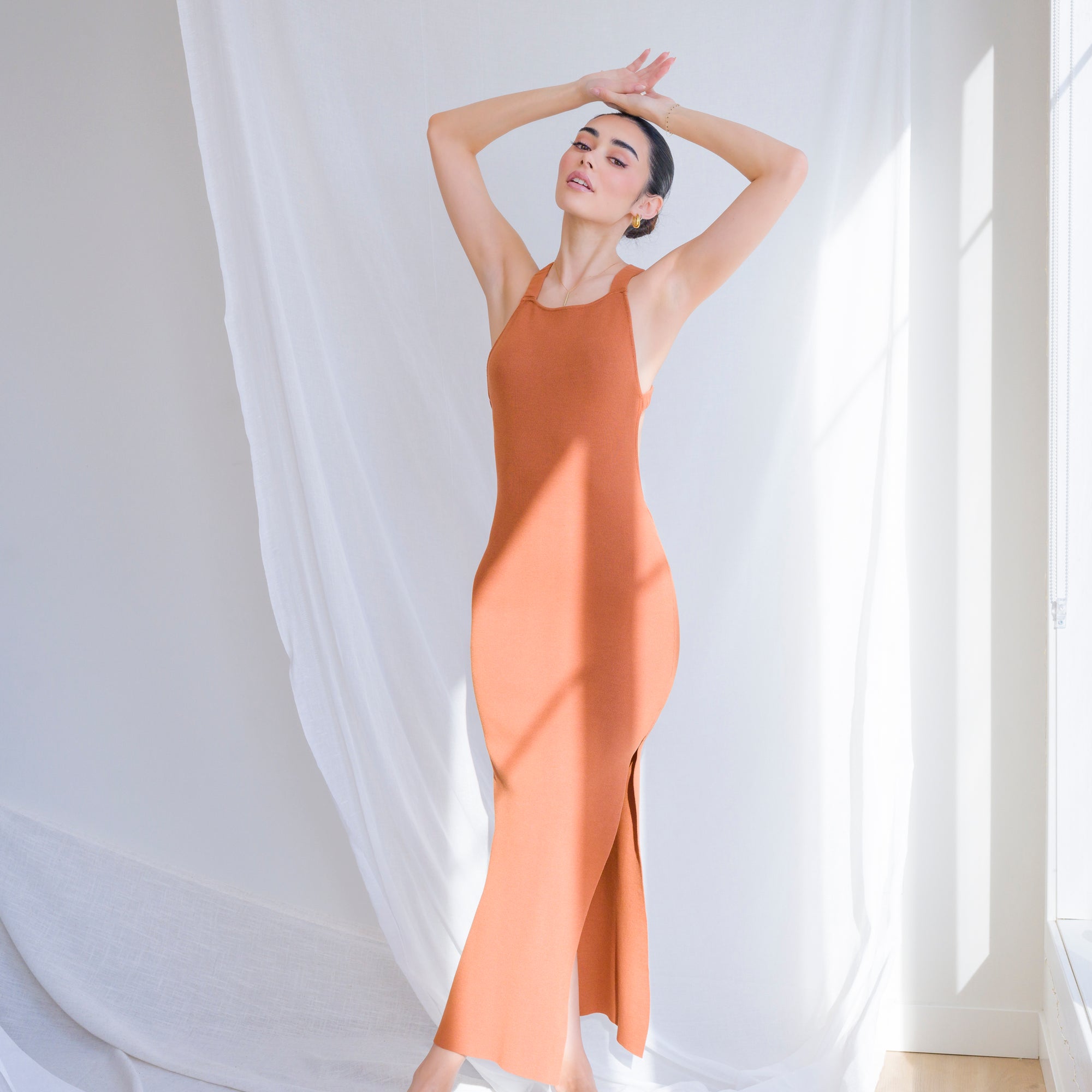 Rust Dress With Gathered Elastic Back Criss Cross Detail