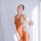 Rust Dress With Gathered Elastic Back Criss Cross Detail