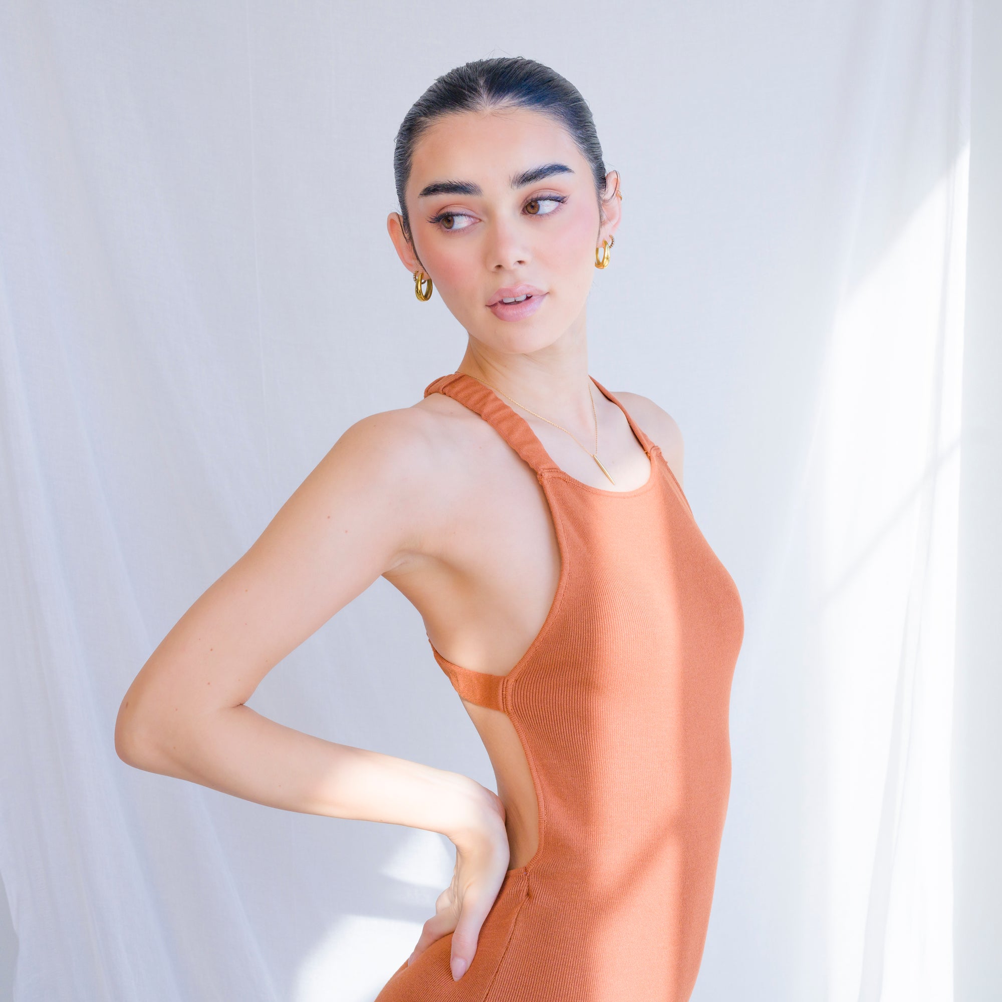 Rust Dress With Gathered Elastic Back Criss Cross Detail