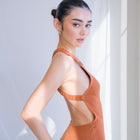 Rust Dress With Gathered Elastic Back Criss Cross Detail