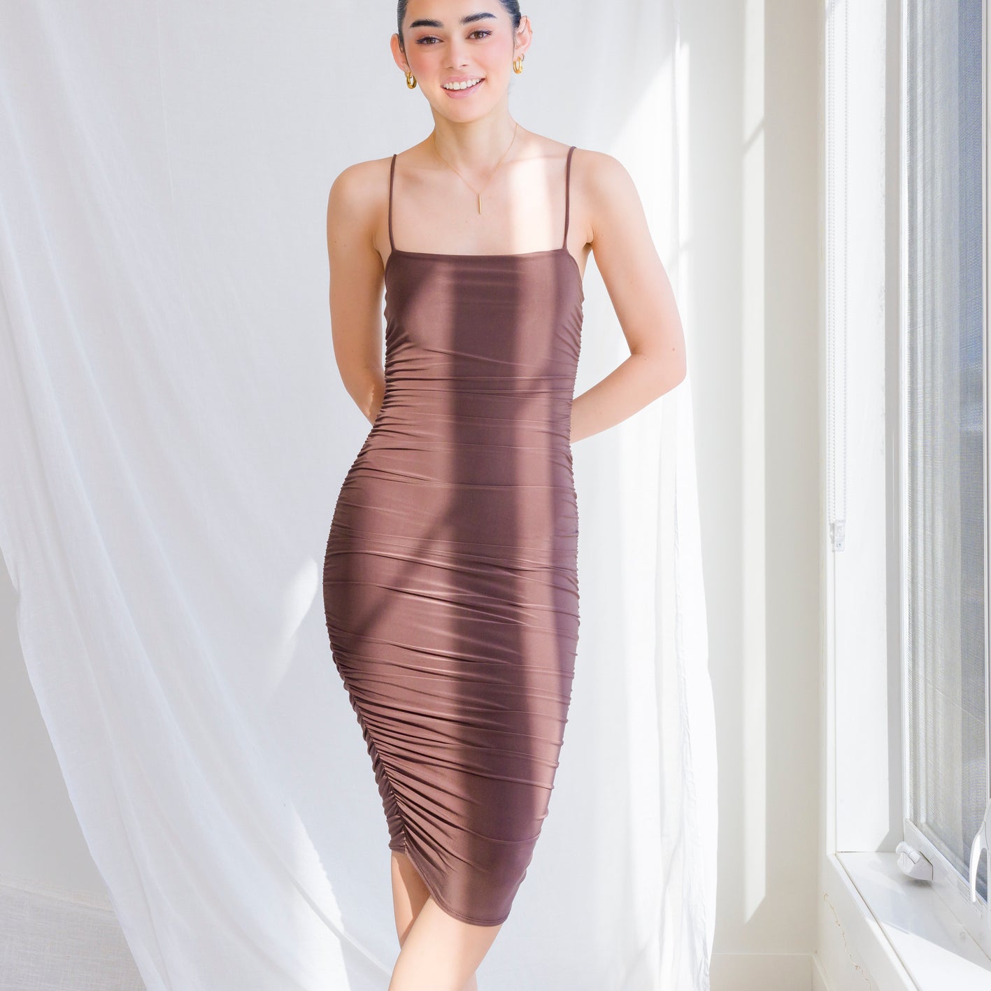 Silky-Luxe Ruched Midi Dress in Performance Fabric