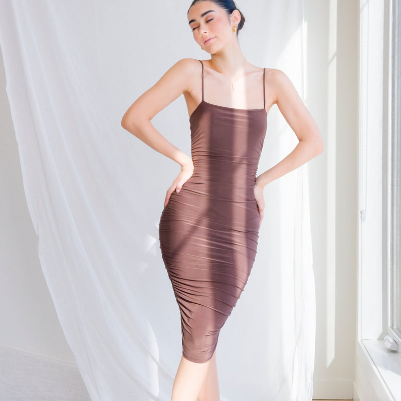 Silky-Luxe Ruched Midi Dress in Performance Fabric