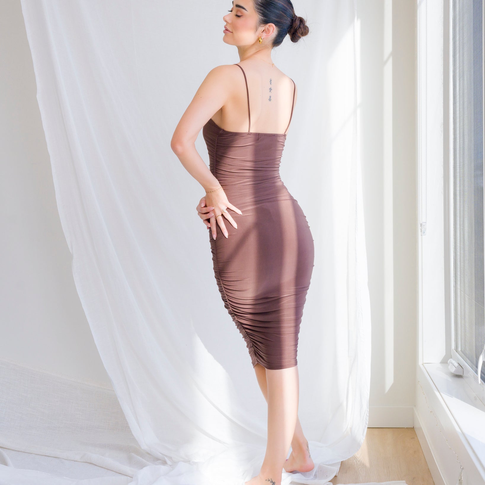 Silky-Luxe Ruched Midi Dress in Performance Fabric