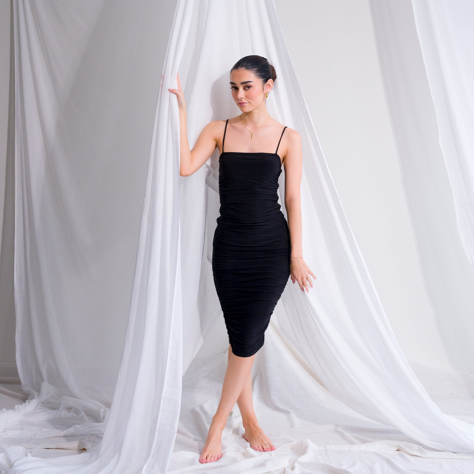 Silky-Luxe Ruched Midi Dress in Performance Fabric