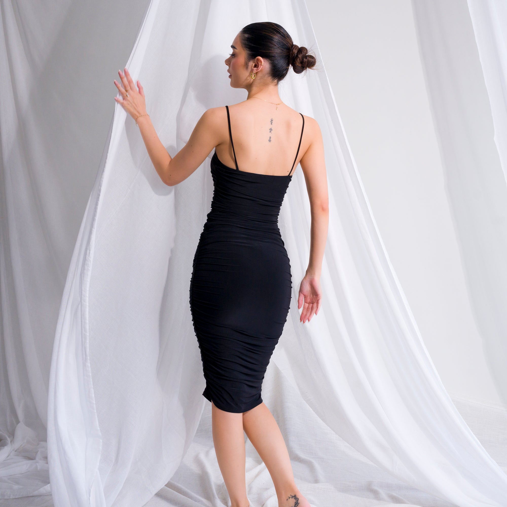 Silky-Luxe Ruched Midi Dress in Performance Fabric