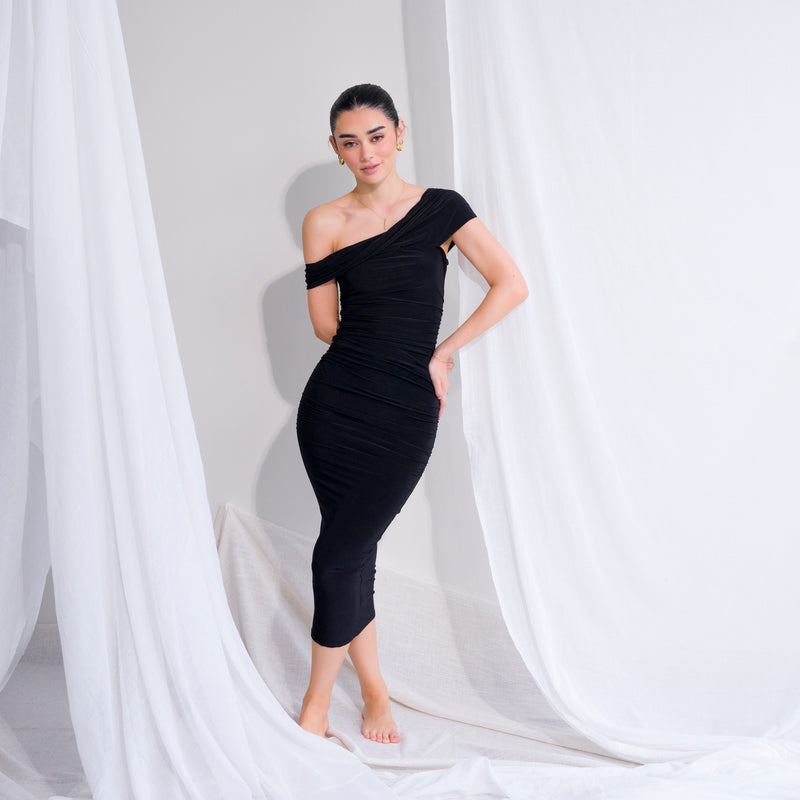 Silky-Luxe Off-Shoulder Dress in Performance Fabric