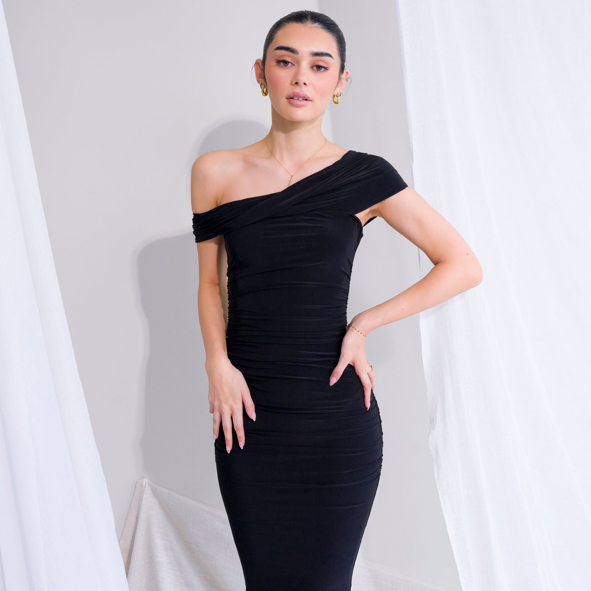 Silky-Luxe Off-Shoulder Dress in Performance Fabric