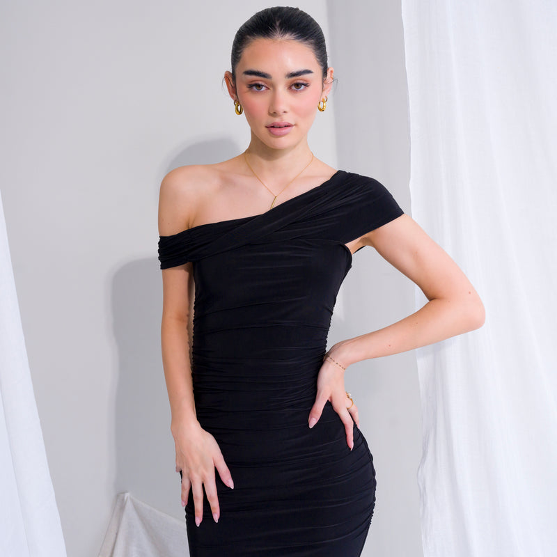 Silky-Luxe Off-Shoulder Dress in Performance Fabric