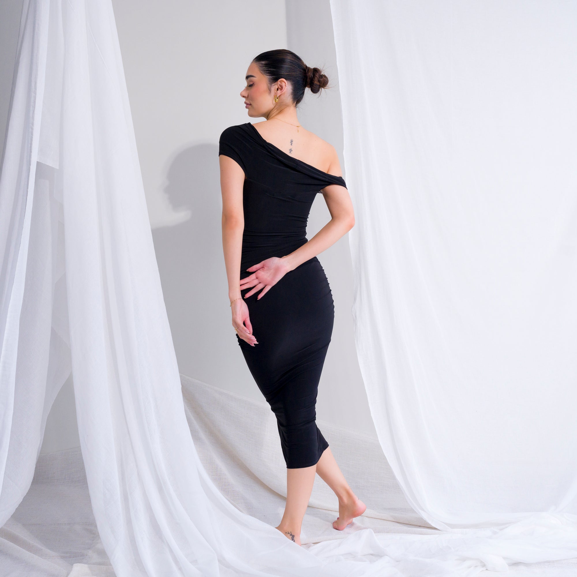 Silky-Luxe Off-Shoulder Dress in Performance Fabric