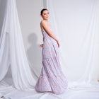 Soft Blue/Pink Floral Multi Tiered Gown With Ruffle Neckline Edging