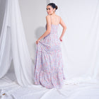 Soft Blue/Pink Floral Multi Tiered Gown With Ruffle Neckline Edging