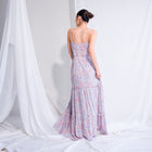 Soft Blue/Pink Floral Multi Tiered Gown With Ruffle Neckline Edging