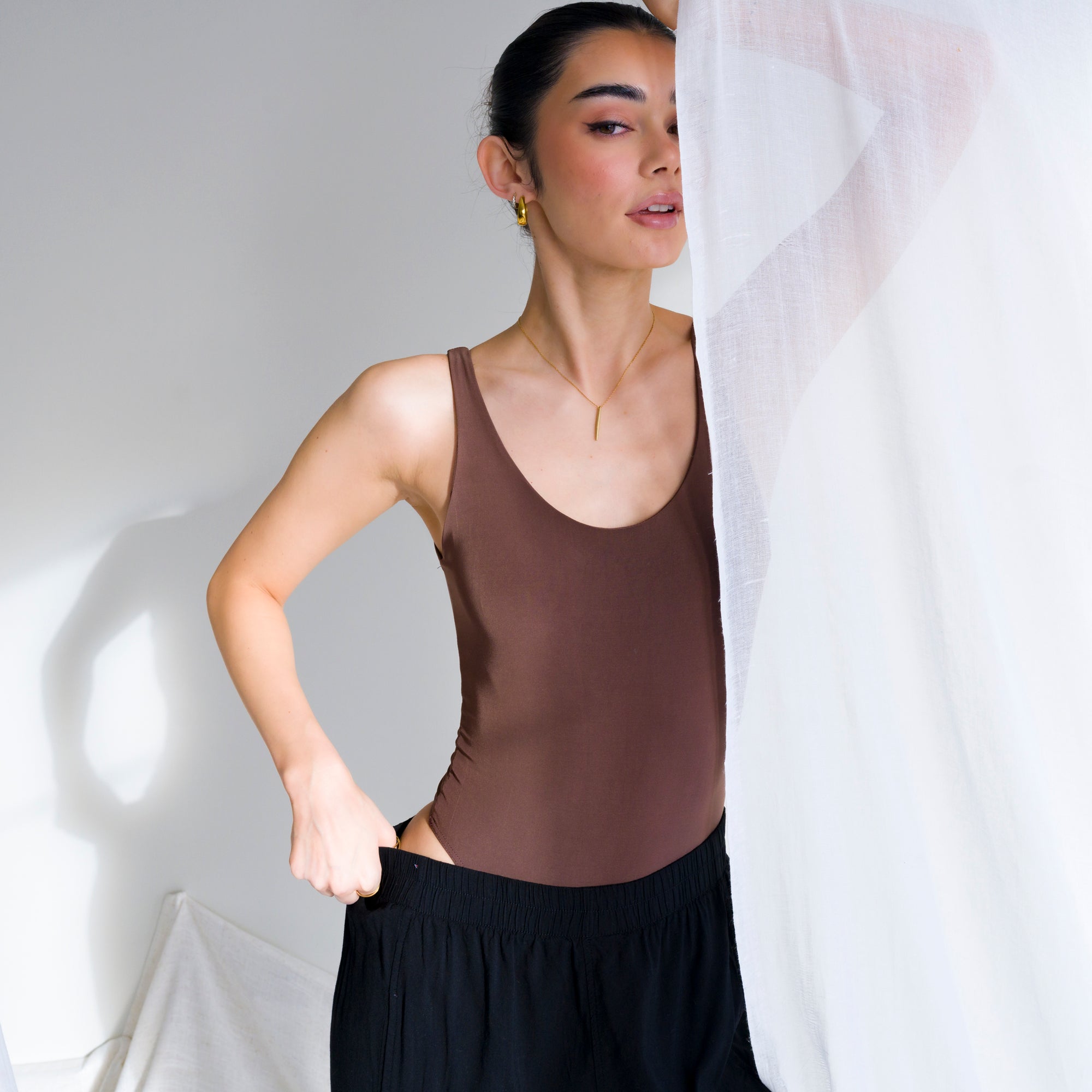 Luxury-Sheen Bodysuit in Stretchy Performance Fabric