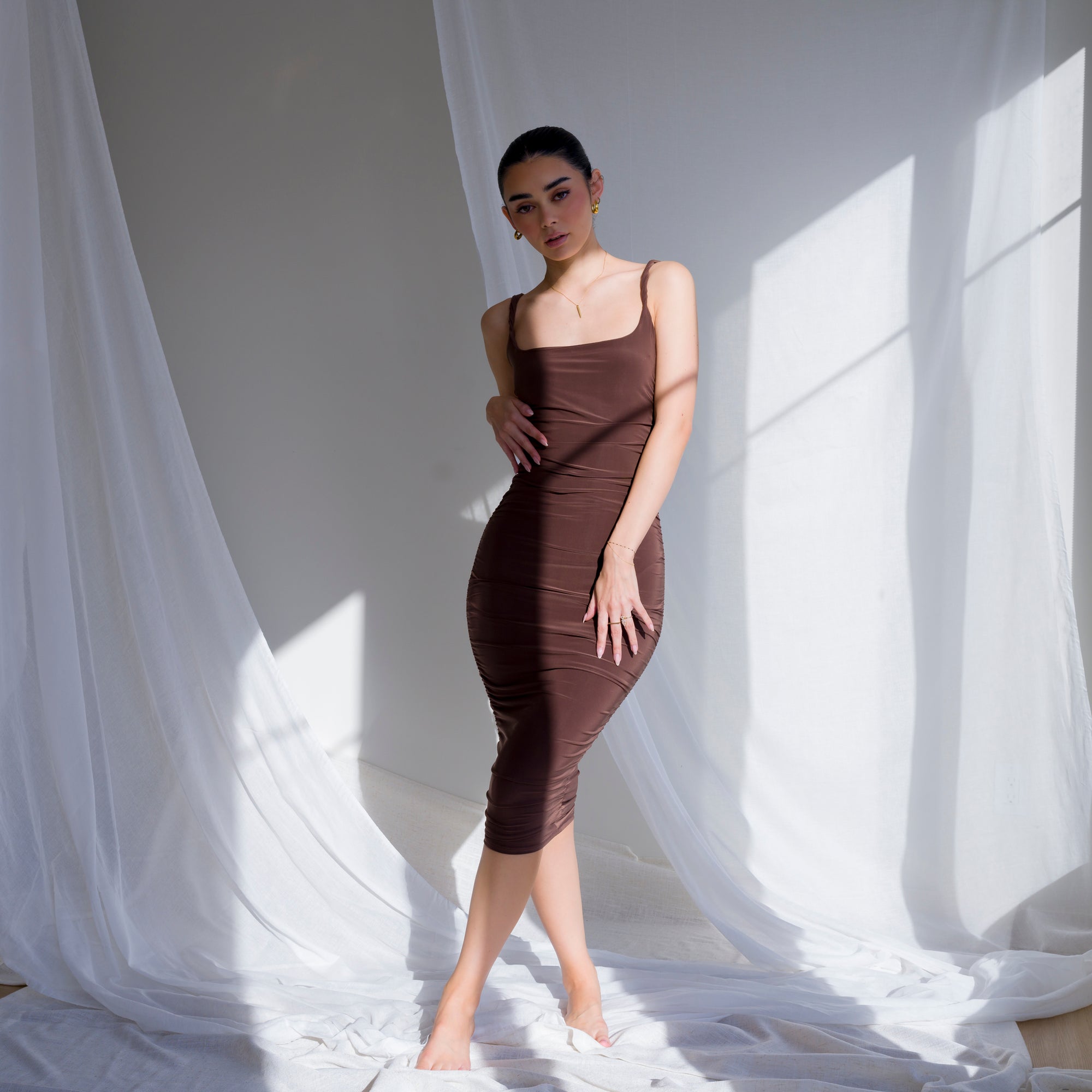 Silky-Lux Midi Dress in Comfortable Performance Fabric