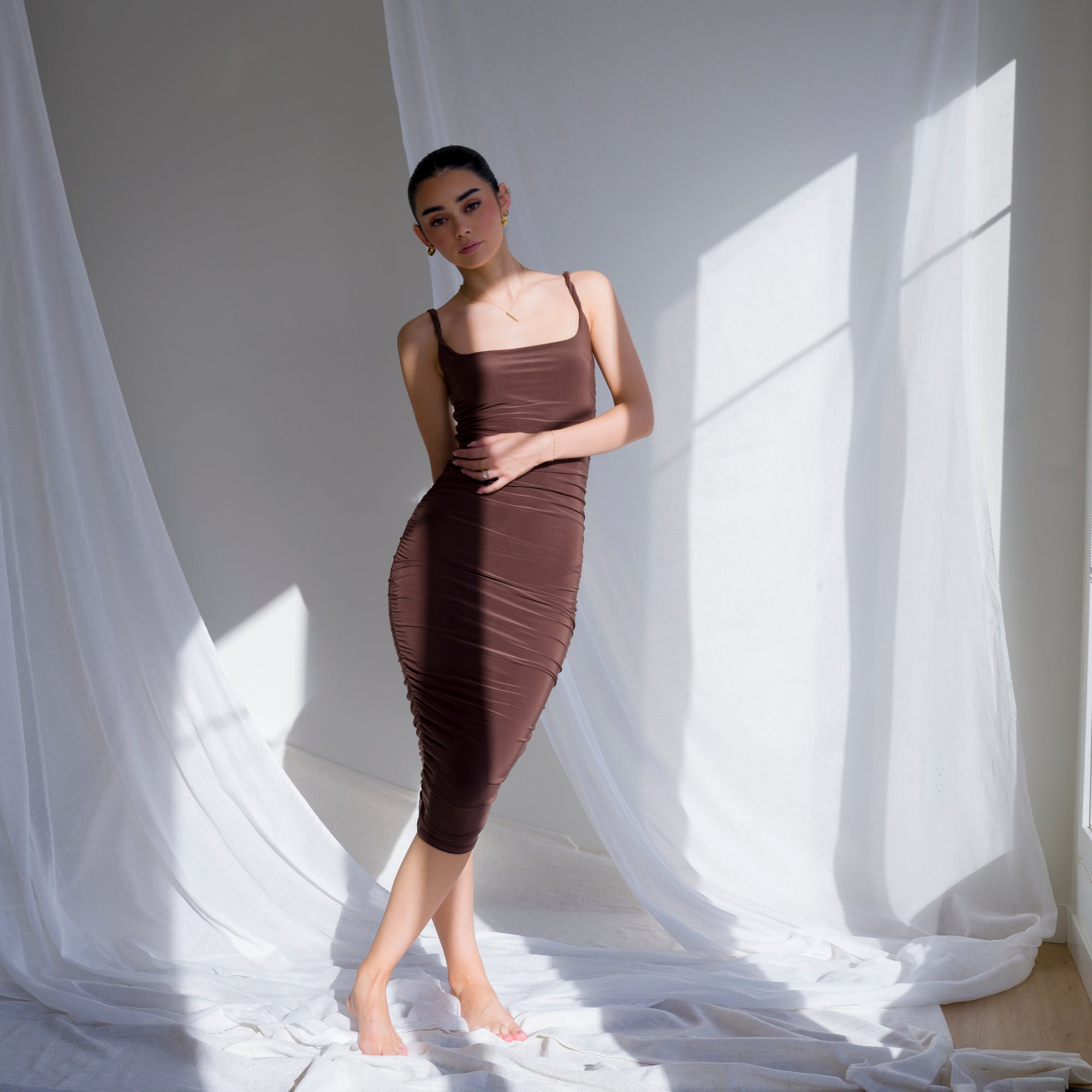 Silky-Lux Midi Dress in Comfortable Performance Fabric