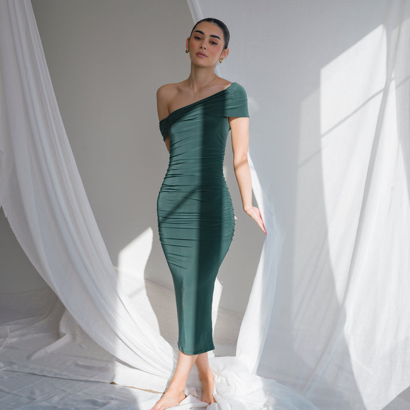 Silky-Luxe Off-Shoulder Dress in Performance Fabric