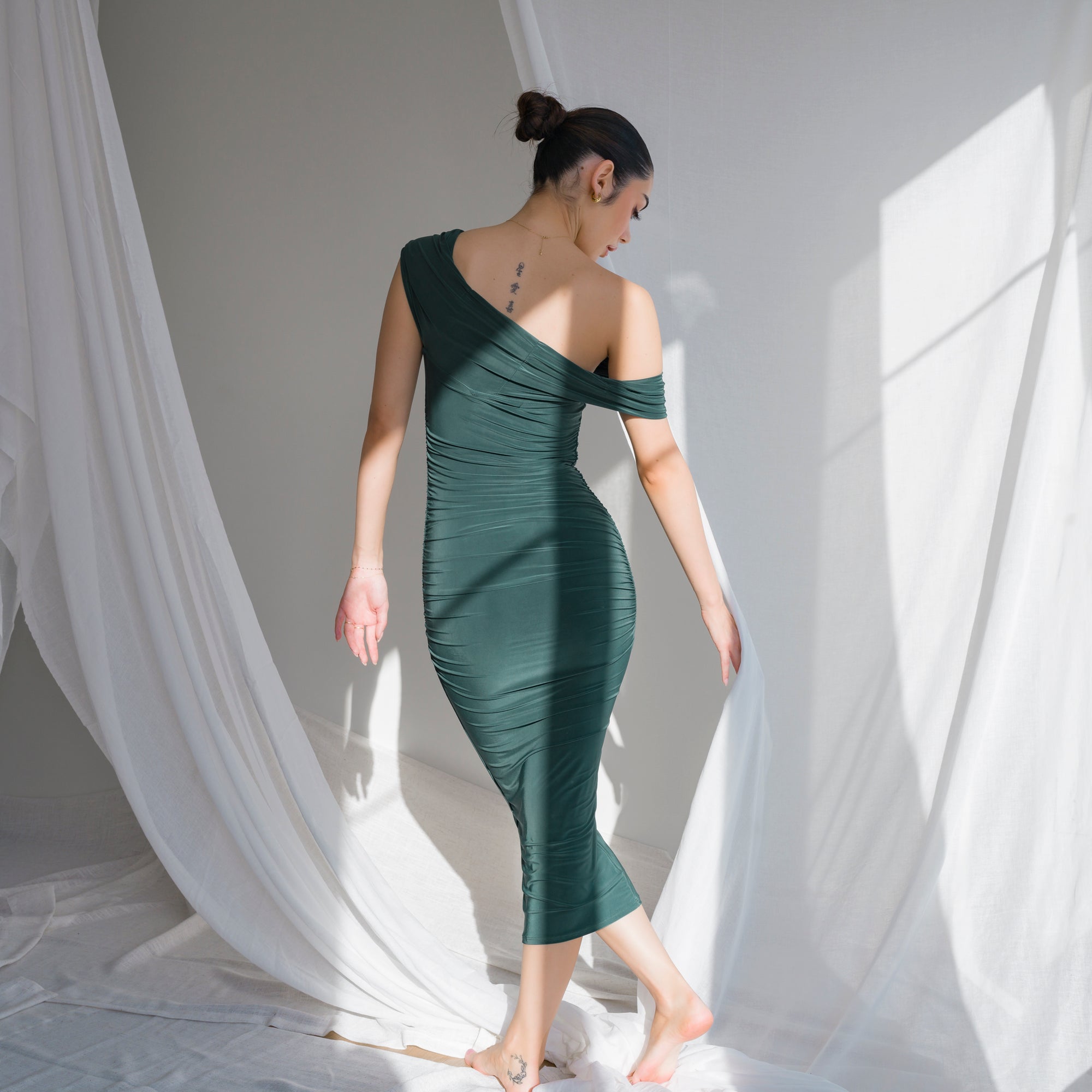 Silky-Luxe Off-Shoulder Dress in Performance Fabric