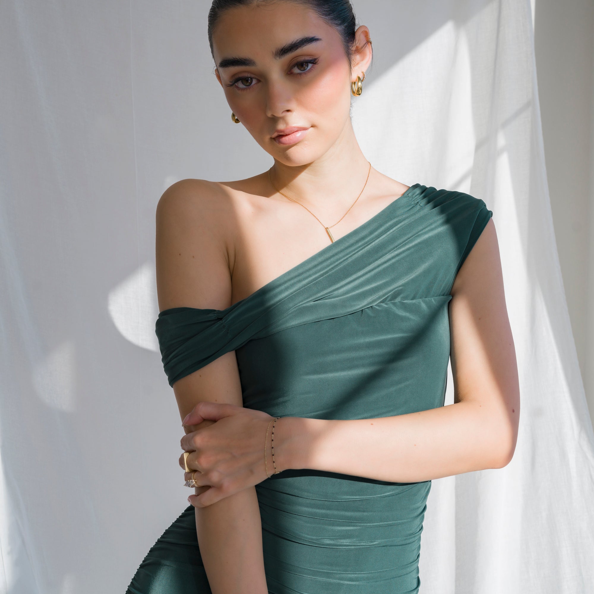 Silky-Luxe Off-Shoulder Dress in Performance Fabric