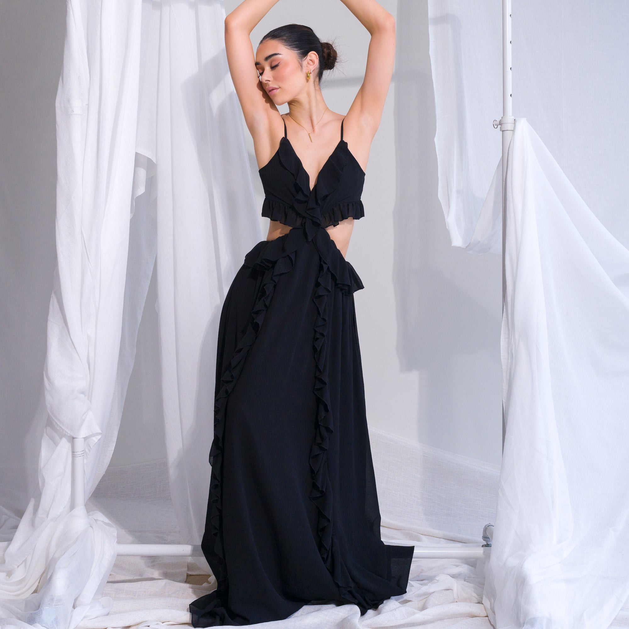 Chiffon Ruffle Gown with Cut-Out Bodice